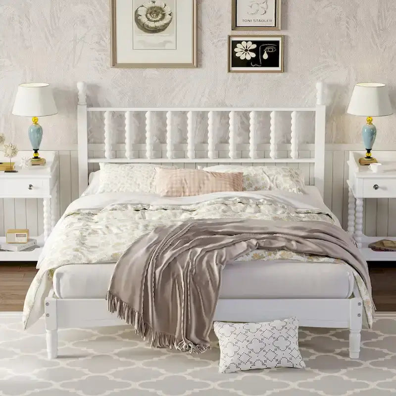 Letto matrimoniale Queen size con testiera a forma di zucca – Struttura in legno, 2 posti (Bianco / Noce / Naturale)