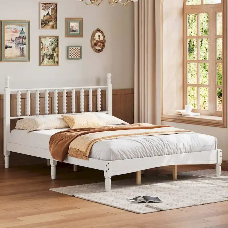 Letto matrimoniale Queen size con testiera a forma di zucca – Struttura in legno, 2 posti (Bianco / Noce / Naturale)