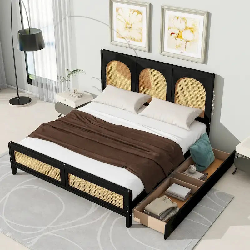 Letto a piattaforma Queen nero con testiera in rattan, 2 cassetti, adatto per 2