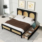 Letto a piattaforma Queen nero con testiera in rattan, 2 cassetti, adatto per 2