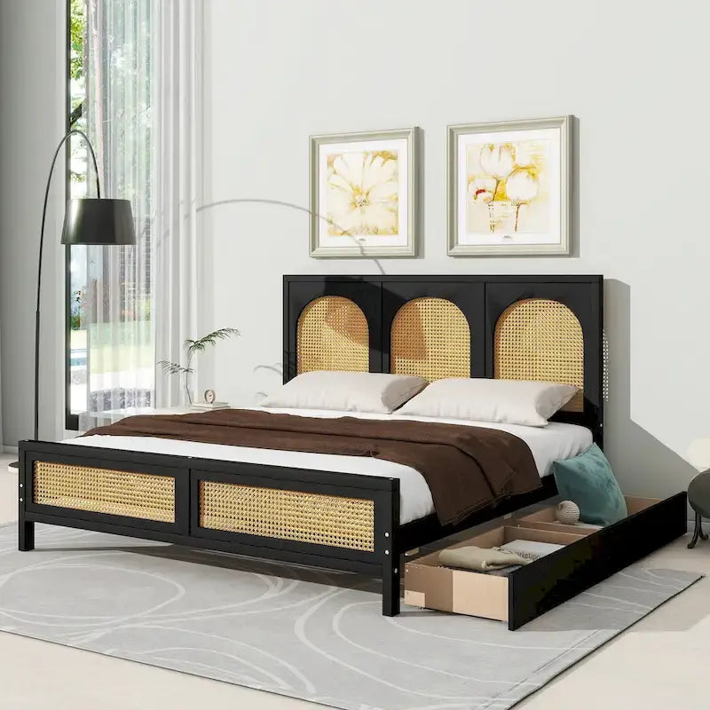 Letto a piattaforma Queen nero con testiera in rattan, 2 cassetti, adatto per 2