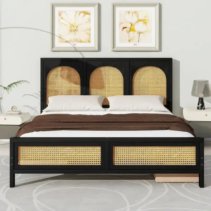 Letto a piattaforma Queen nero con testiera in rattan, 2 cassetti, adatto per 2