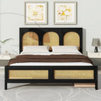 Letto a piattaforma Queen nero con testiera in rattan, 2 cassetti, adatto per 2