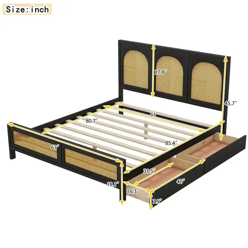 Letto a piattaforma Queen nero con testiera in rattan, 2 cassetti, adatto per 2