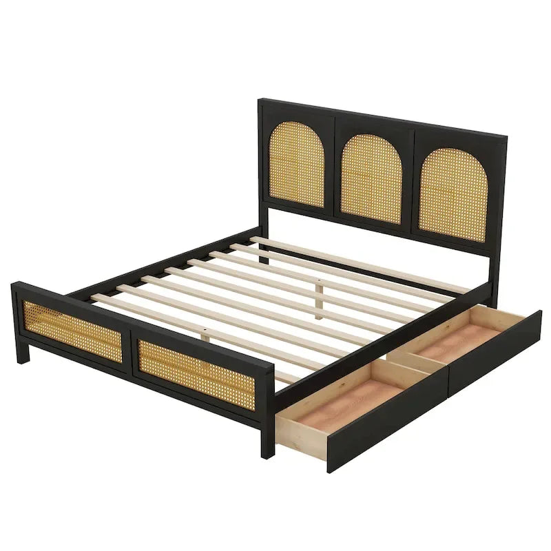 Letto a piattaforma Queen nero con testiera in rattan, 2 cassetti, adatto per 2