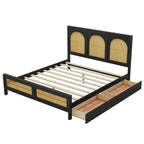 Letto a piattaforma Queen nero con testiera in rattan, 2 cassetti, adatto per 2