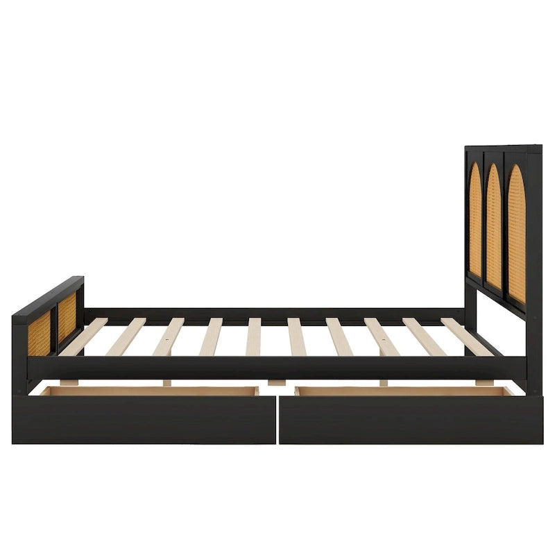 Letto a piattaforma Queen nero con testiera in rattan, 2 cassetti, adatto per 2