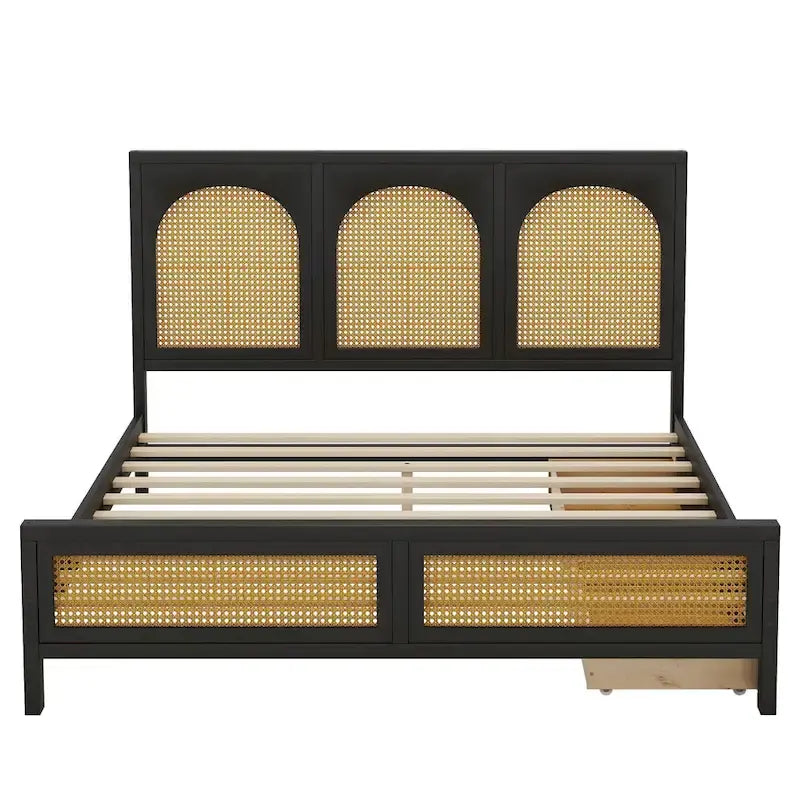 Letto a piattaforma Queen nero con testiera in rattan, 2 cassetti, adatto per 2