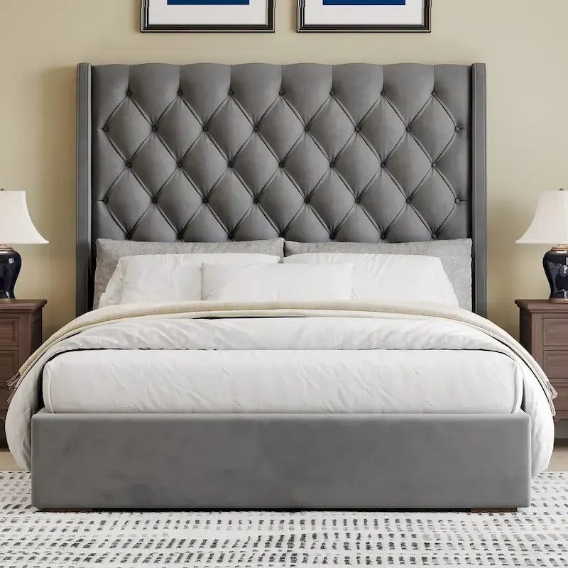 Struttura letto king in velluto grigio – testiera capitonné, 171,45 cm