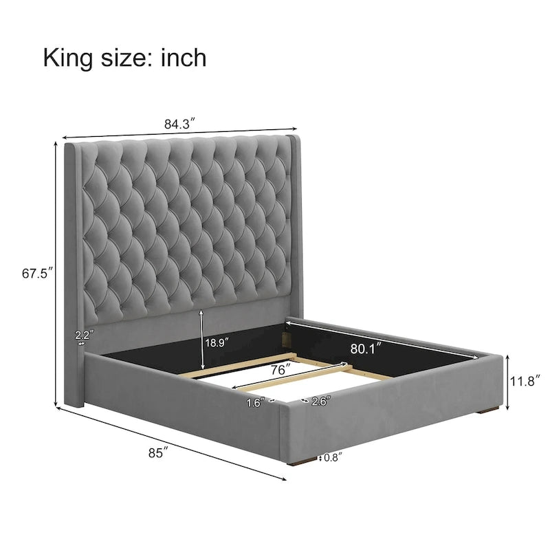 Struttura letto king in velluto grigio – testiera capitonné, 171,45 cm