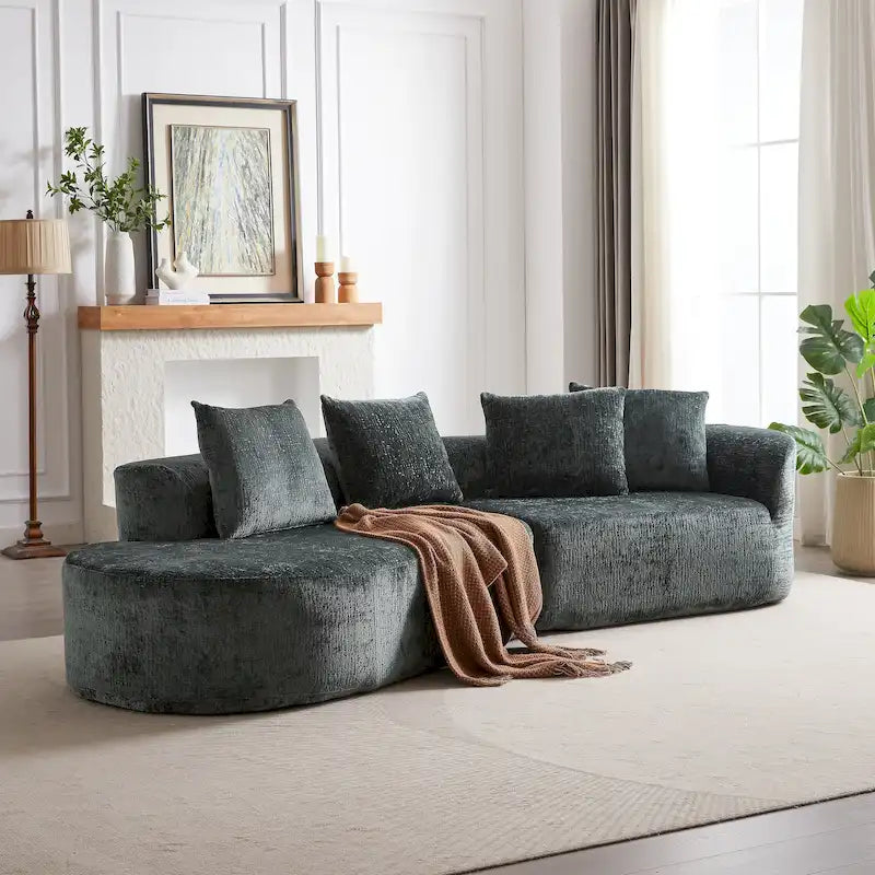Divano sezionale profondo in ciniglia con 4 cuscini | Beige / Verde / Grigio / Nero | Posti a sedere 4-5