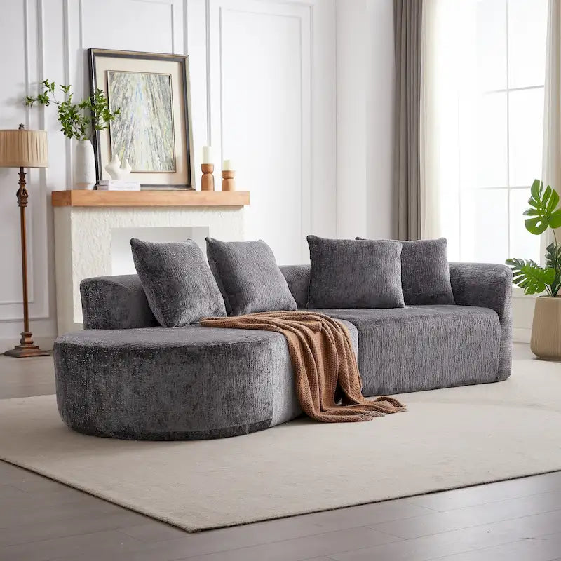 Divano sezionale profondo in ciniglia con 4 cuscini | Beige / Verde / Grigio / Nero | Posti a sedere 4-5