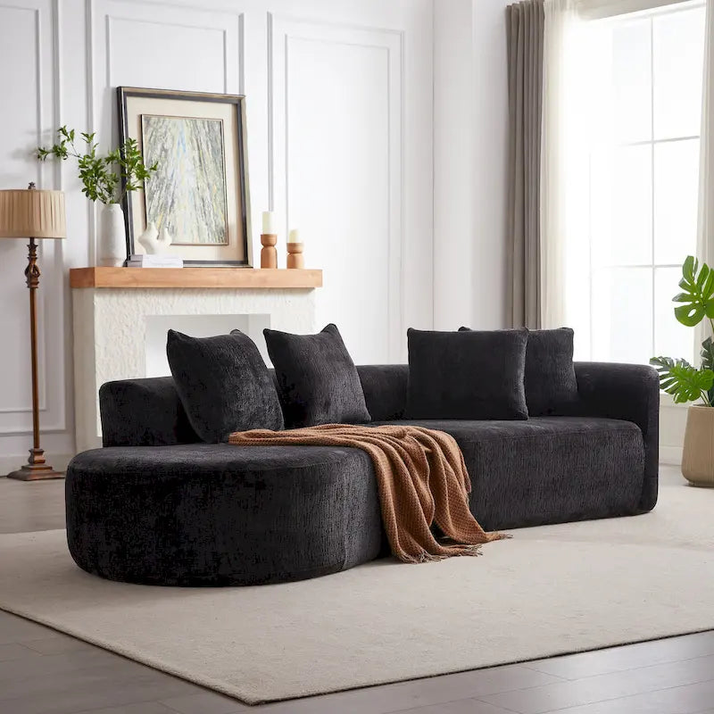Divano sezionale profondo in ciniglia con 4 cuscini | Beige / Verde / Grigio / Nero | Posti a sedere 4-5
