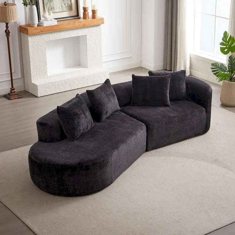 Divano sezionale profondo in ciniglia con 4 cuscini | Beige / Verde / Grigio / Nero | Posti a sedere 4-5