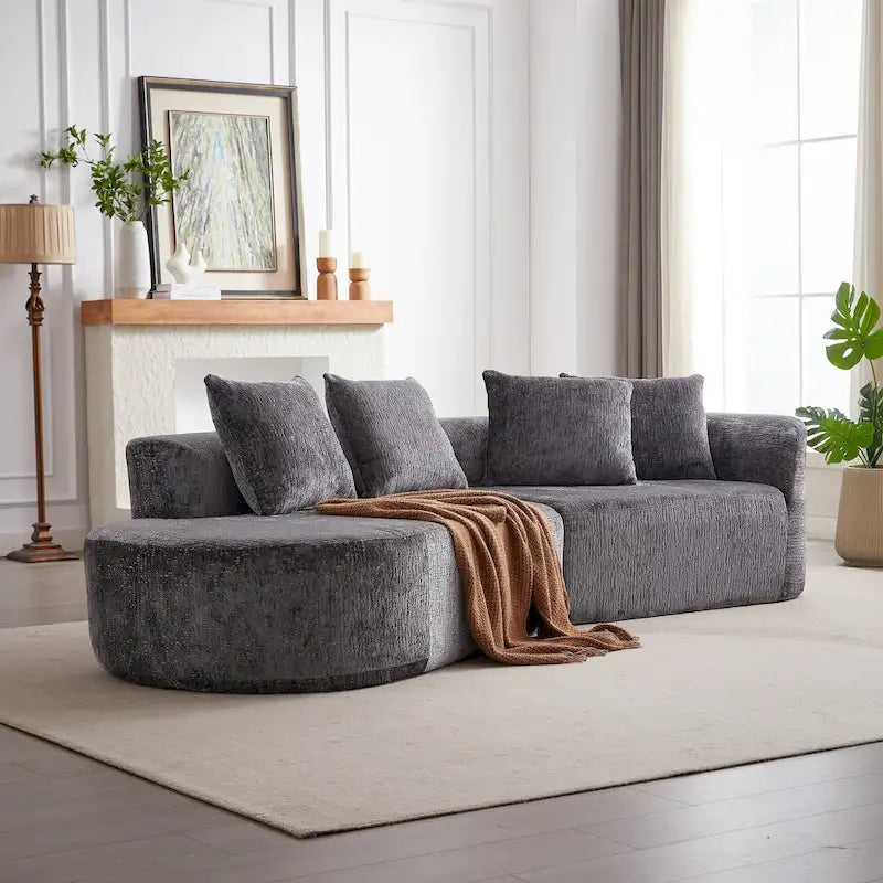 Divano sezionale profondo in ciniglia con 4 cuscini | Beige / Verde / Grigio / Nero | Posti a sedere 4-5