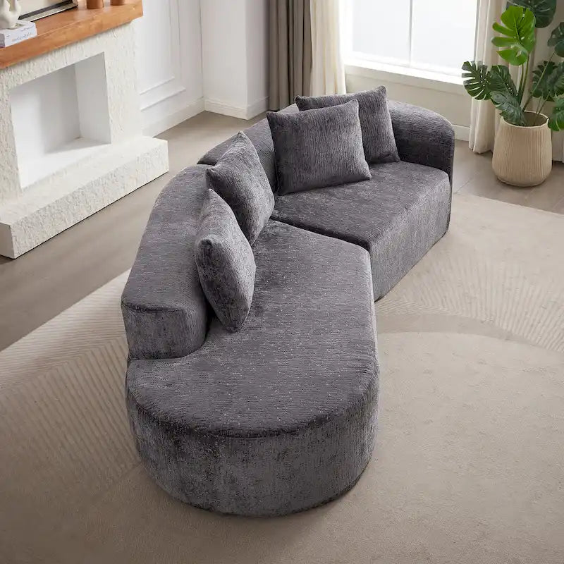Divano sezionale profondo in ciniglia con 4 cuscini | Beige / Verde / Grigio / Nero | Posti a sedere 4-5