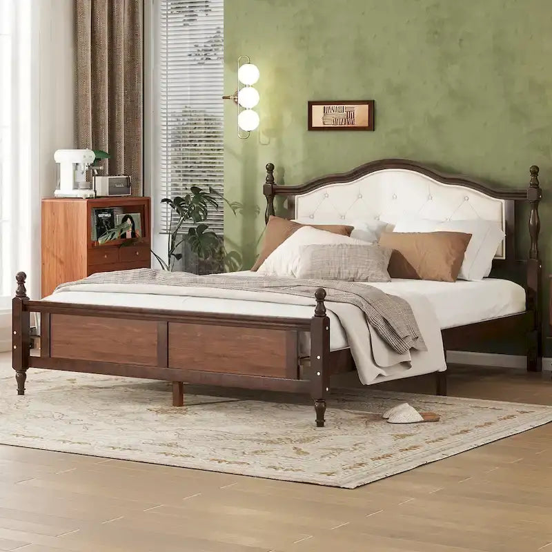 Letto a piattaforma in noce con testiera imbottita e contenitore, Queen