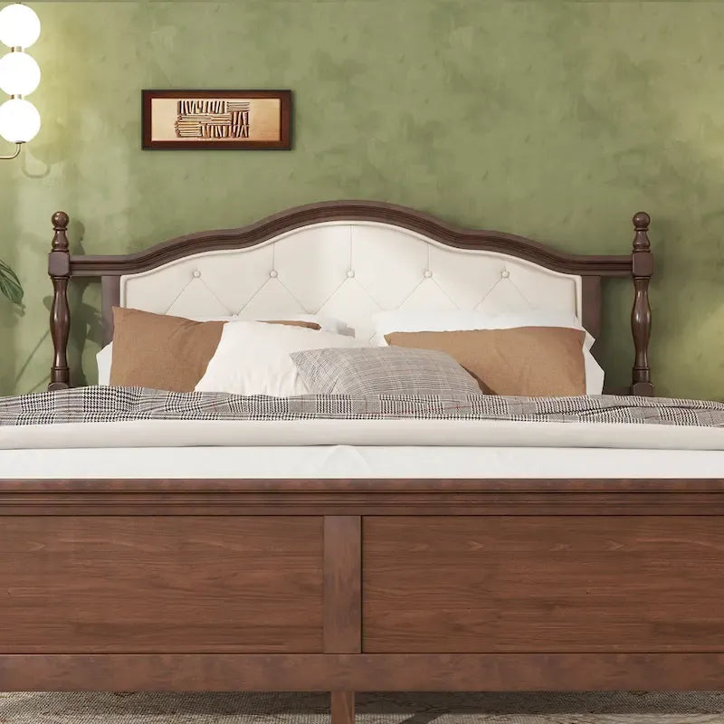 Letto a piattaforma in noce con testiera imbottita e contenitore, Queen