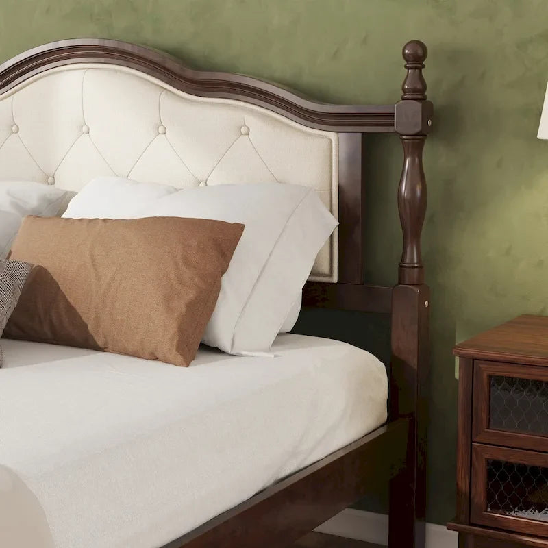 Letto a piattaforma in noce con testiera imbottita e contenitore, Queen
