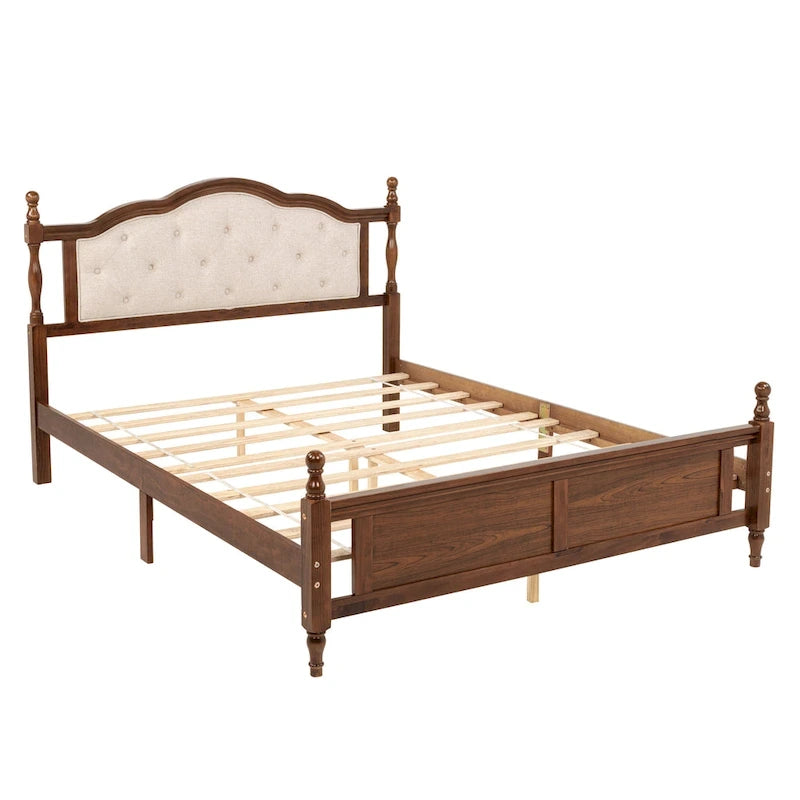 Letto a piattaforma in noce con testiera imbottita e contenitore, Queen