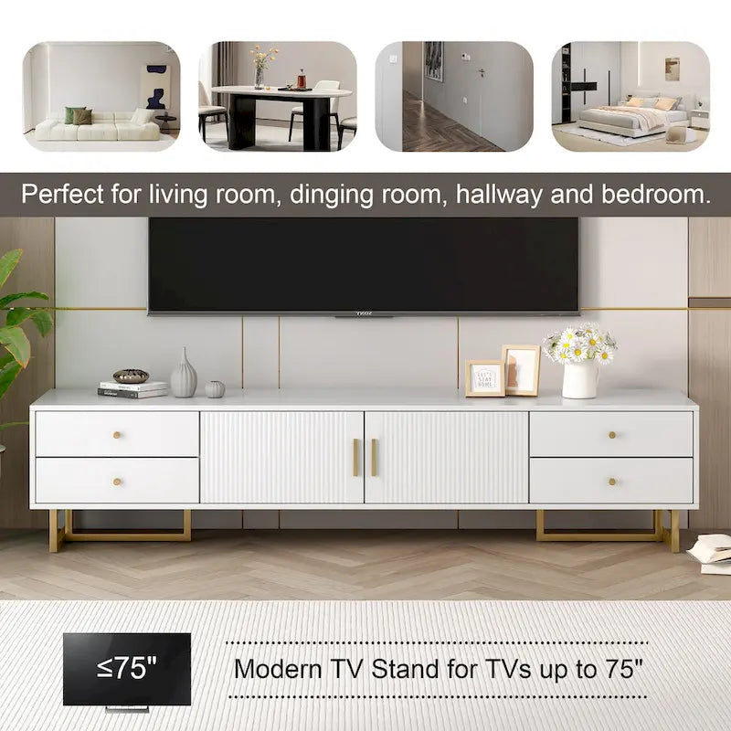 Mobile Porta TV Moderno Bianco con 4 Cassetti e Ante – 178 cm L, Adatto per TV fino a 75"