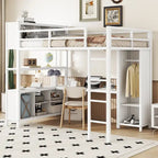 Letto a soppalco in metallo Off White Full Size con scrivania a L, armadio e contenitore – 1 persona