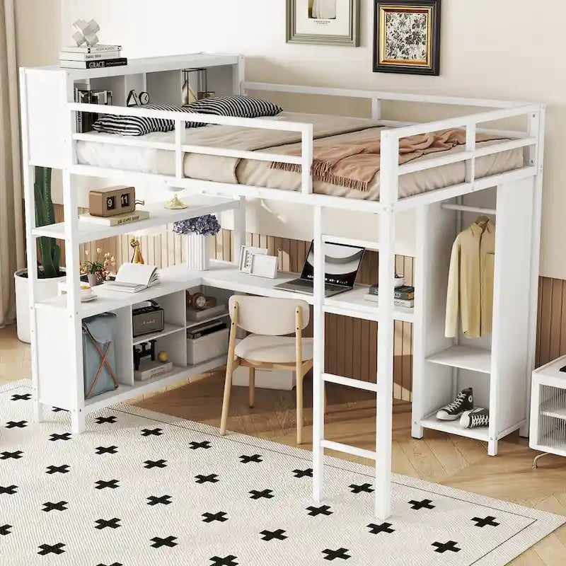Letto a soppalco in metallo Off White Full Size con scrivania a L, armadio e contenitore – 1 persona