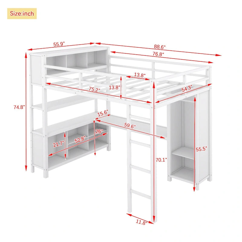 Letto a soppalco in metallo Off White Full Size con scrivania a L, armadio e contenitore – 1 persona