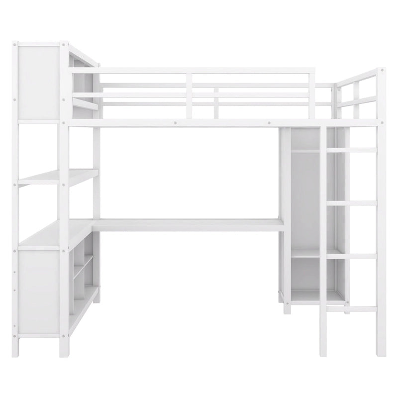 Letto a soppalco in metallo Off White Full Size con scrivania a L, armadio e contenitore – 1 persona