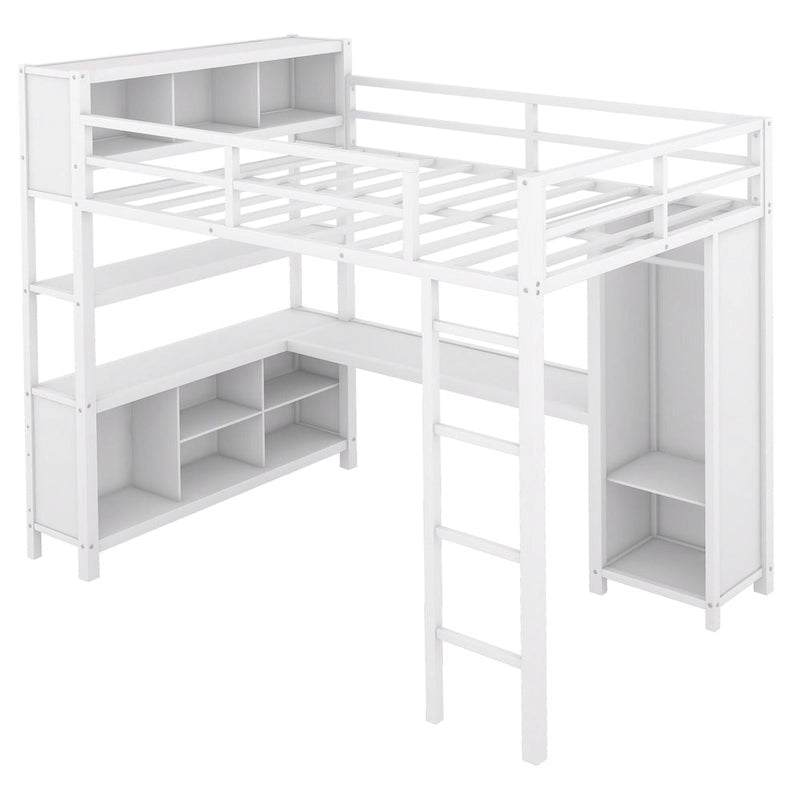 Letto a soppalco in metallo Off White Full Size con scrivania a L, armadio e contenitore – 1 persona