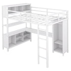 Letto a soppalco in metallo Off White Full Size con scrivania a L, armadio e contenitore – 1 persona