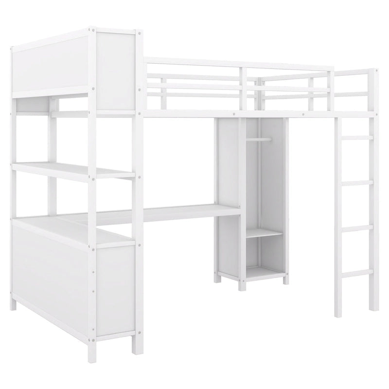Letto a soppalco in metallo Off White Full Size con scrivania a L, armadio e contenitore – 1 persona