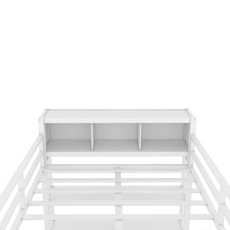 Letto a soppalco in metallo Off White Full Size con scrivania a L, armadio e contenitore – 1 persona