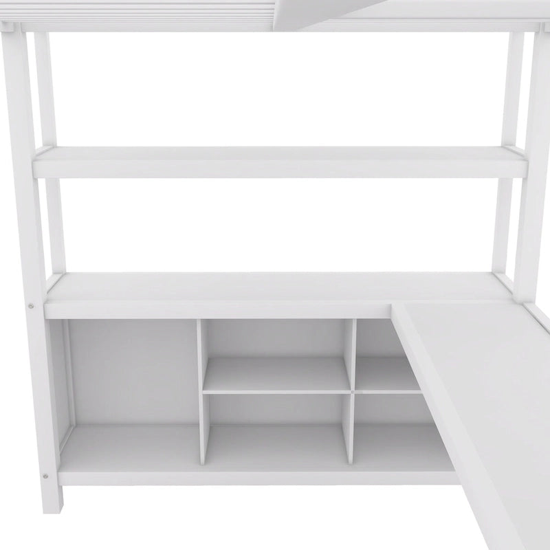 Letto a soppalco in metallo Off White Full Size con scrivania a L, armadio e contenitore – 1 persona