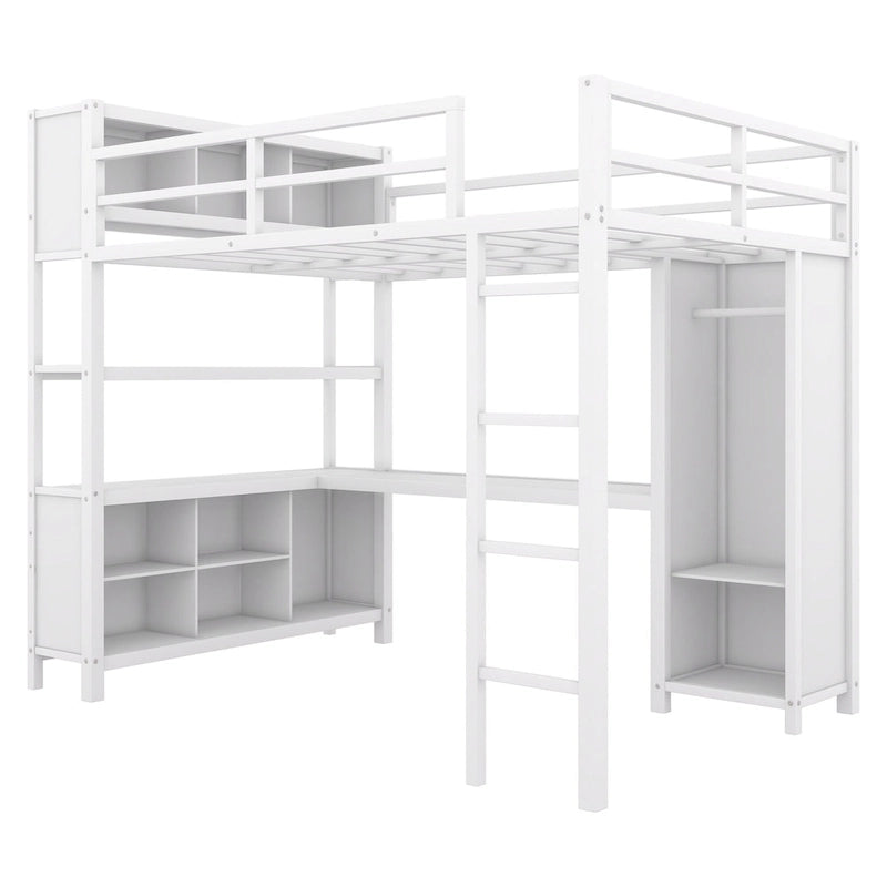 Letto a soppalco in metallo Off White Full Size con scrivania a L, armadio e contenitore – 1 persona