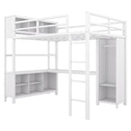Letto a soppalco in metallo Off White Full Size con scrivania a L, armadio e contenitore – 1 persona
