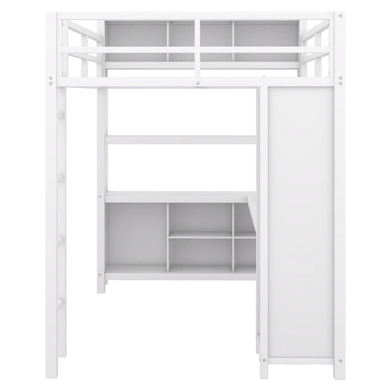 Letto a soppalco in metallo Off White Full Size con scrivania a L, armadio e contenitore – 1 persona