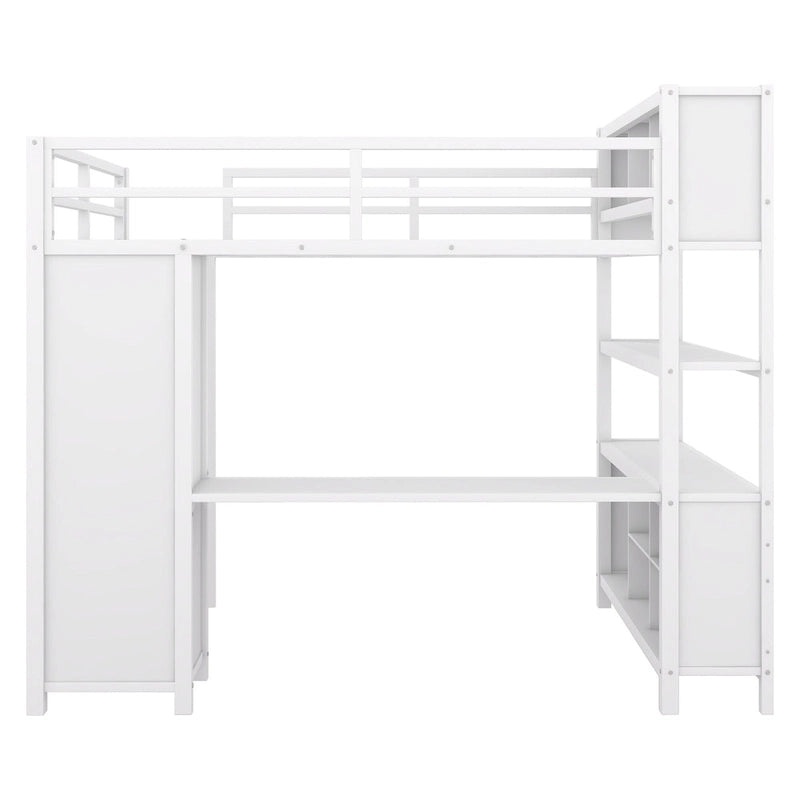 Letto a soppalco in metallo Off White Full Size con scrivania a L, armadio e contenitore – 1 persona