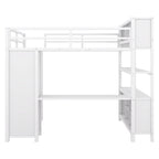 Letto a soppalco in metallo Off White Full Size con scrivania a L, armadio e contenitore – 1 persona