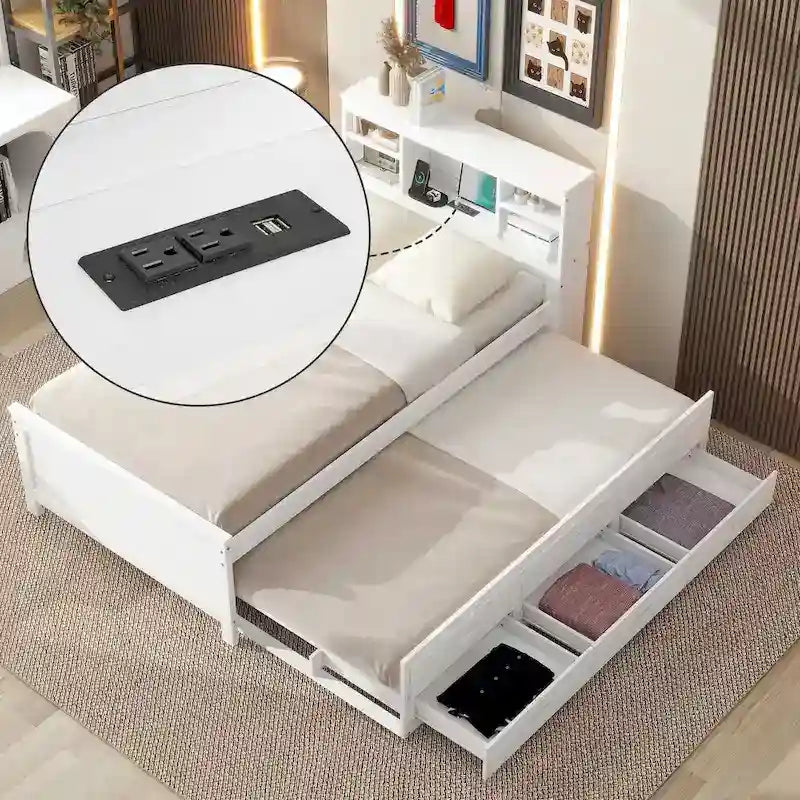Letto a Piattaforma Grigio / Bianco con 3 Cassetti e Letto Estraibile — Piazza e Mezza + Singolo, per 2 Persone