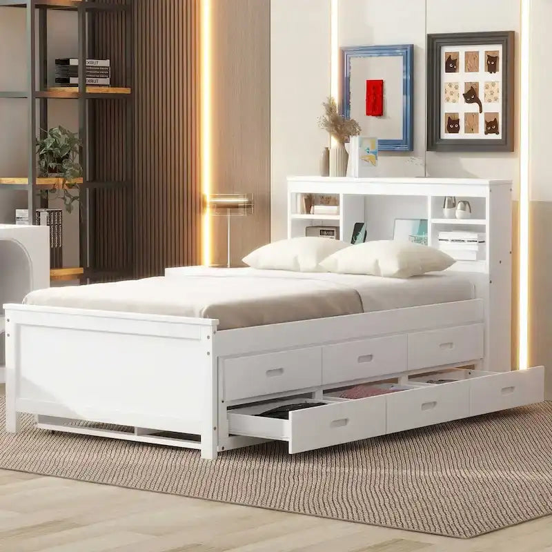 Letto a Piattaforma Grigio / Bianco con 3 Cassetti e Letto Estraibile — Piazza e Mezza + Singolo, per 2 Persone