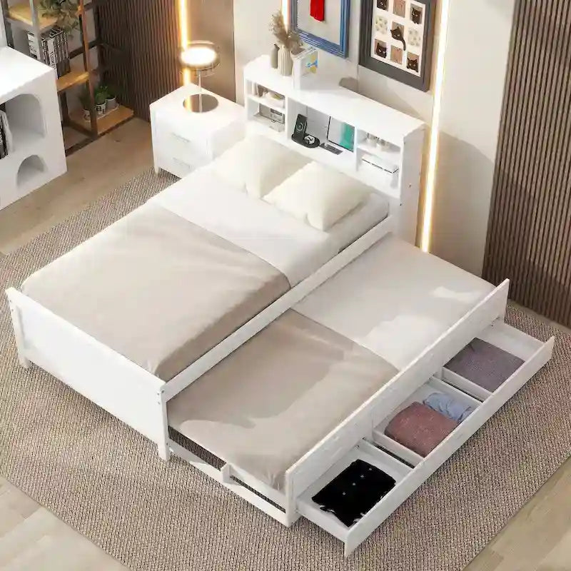Letto a Piattaforma Grigio / Bianco con 3 Cassetti e Letto Estraibile — Piazza e Mezza + Singolo, per 2 Persone