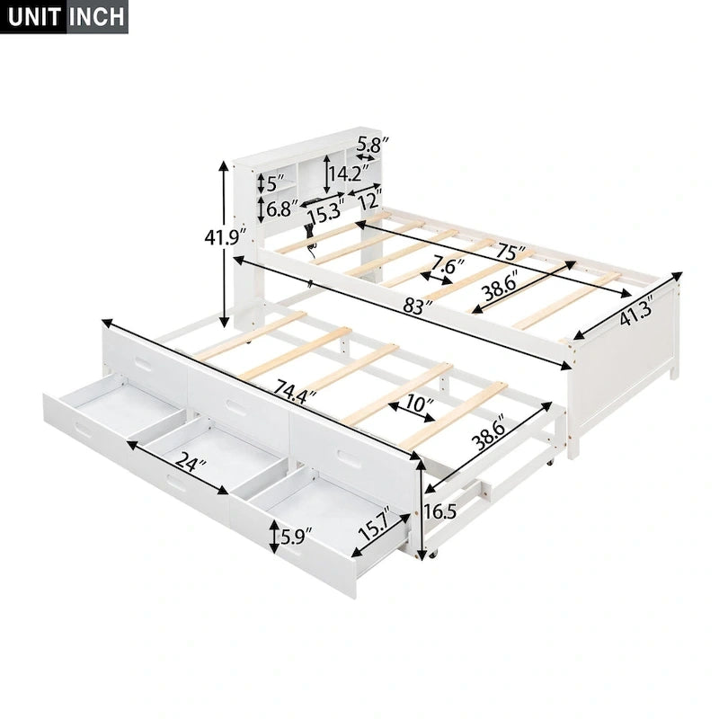Letto a Piattaforma Grigio / Bianco con 3 Cassetti e Letto Estraibile — Piazza e Mezza + Singolo, per 2 Persone