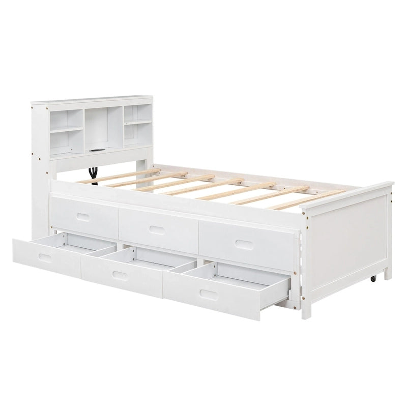 Letto a Piattaforma Grigio / Bianco con 3 Cassetti e Letto Estraibile — Piazza e Mezza + Singolo, per 2 Persone