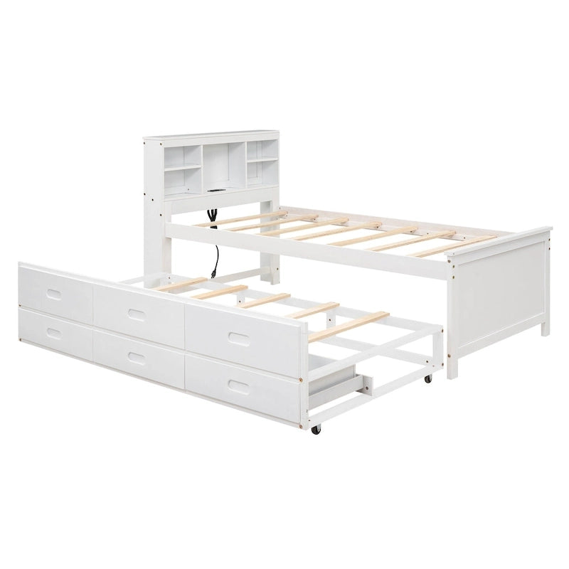 Letto a Piattaforma Grigio / Bianco con 3 Cassetti e Letto Estraibile — Piazza e Mezza + Singolo, per 2 Persone