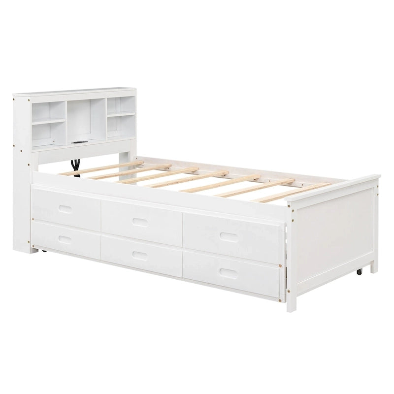 Letto a Piattaforma Grigio / Bianco con 3 Cassetti e Letto Estraibile — Piazza e Mezza + Singolo, per 2 Persone