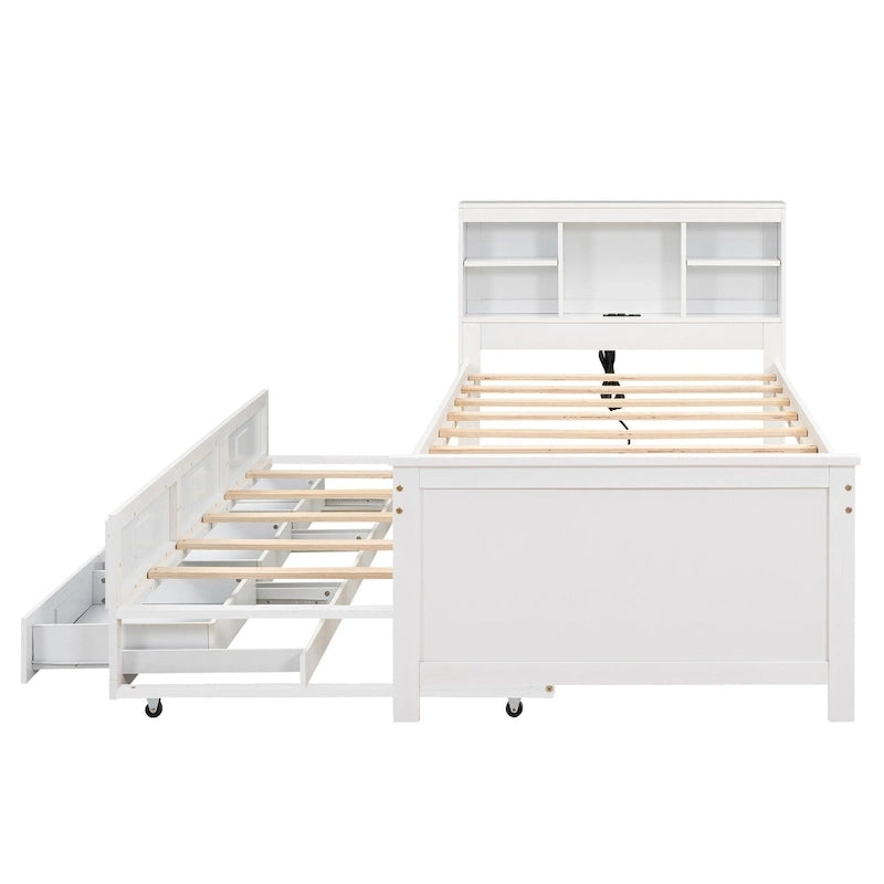 Letto a Piattaforma Grigio / Bianco con 3 Cassetti e Letto Estraibile — Piazza e Mezza + Singolo, per 2 Persone