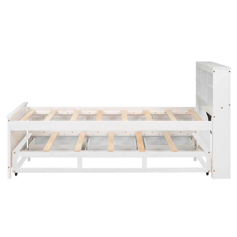 Letto a Piattaforma Grigio / Bianco con 3 Cassetti e Letto Estraibile — Piazza e Mezza + Singolo, per 2 Persone