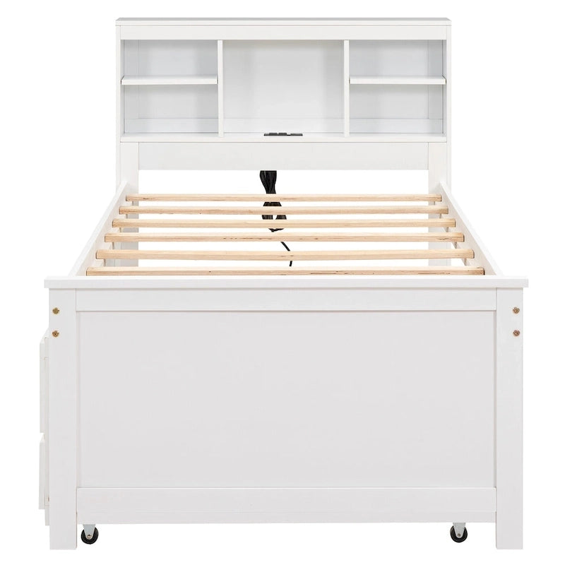 Letto a Piattaforma Grigio / Bianco con 3 Cassetti e Letto Estraibile — Piazza e Mezza + Singolo, per 2 Persone