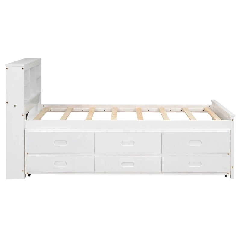 Letto a Piattaforma Grigio / Bianco con 3 Cassetti e Letto Estraibile — Piazza e Mezza + Singolo, per 2 Persone